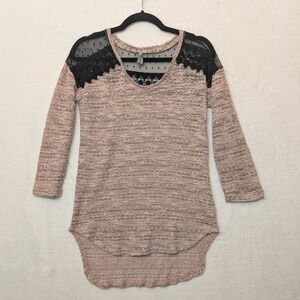Vanity Medium Pink Knit High Low‎ Lace Shoulder Top Women's Lightweight Tunic